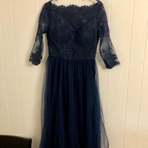 Navy Blue Boat Neck Evening Gown